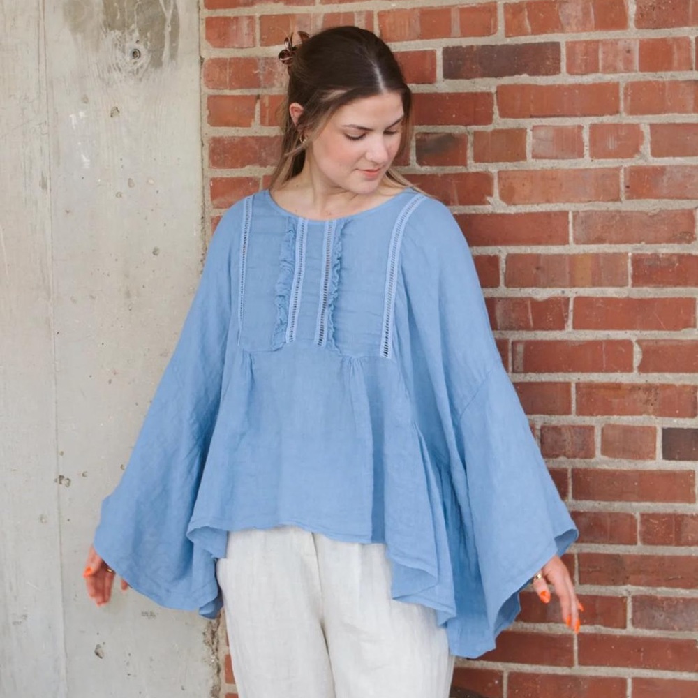 Light Blue Linen Peasant Tunic with Lace Panels